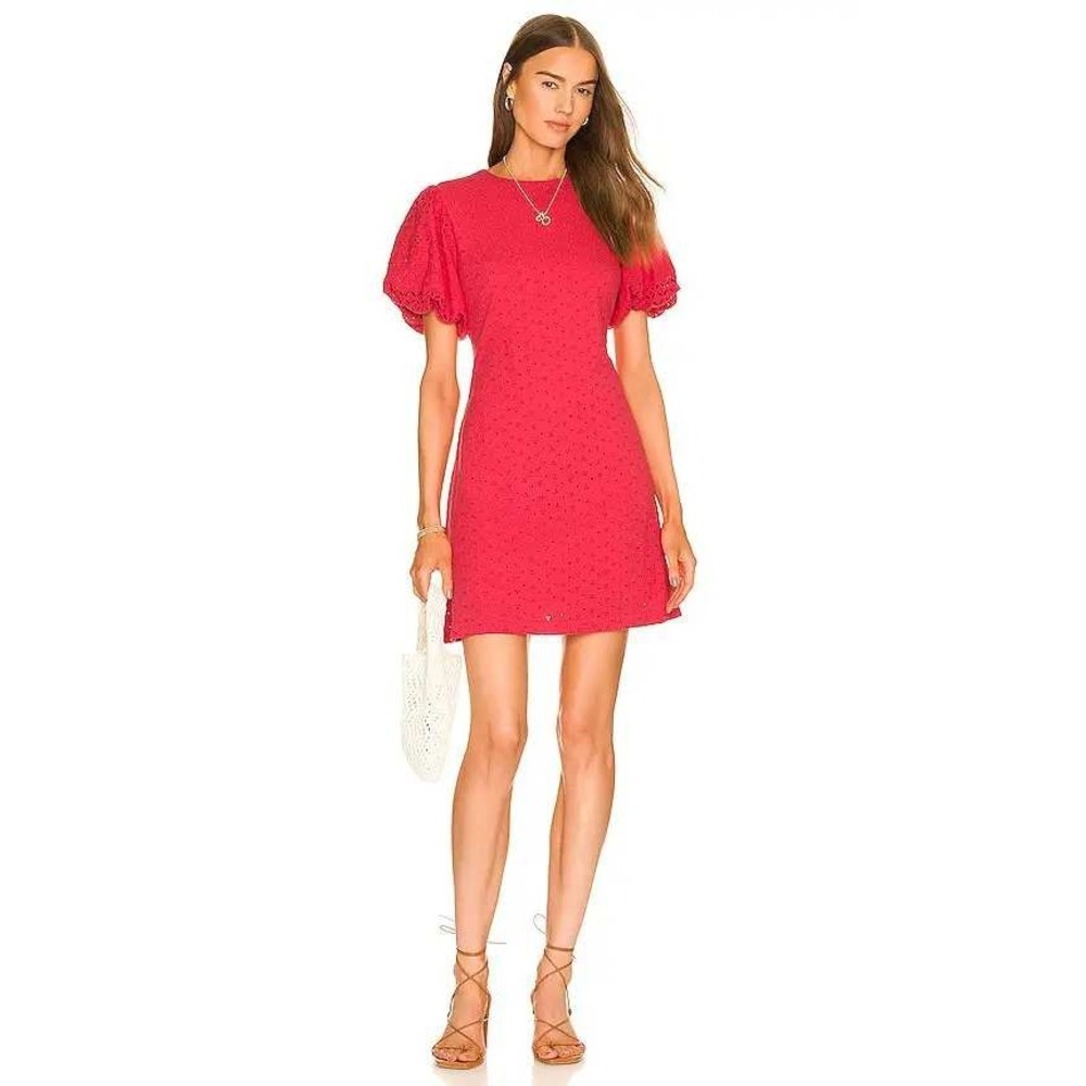 Free People Apricot Rose Mini Puff Sleeve Eyelet Dress Strawberry Spritz Small - Picture 2 of 9